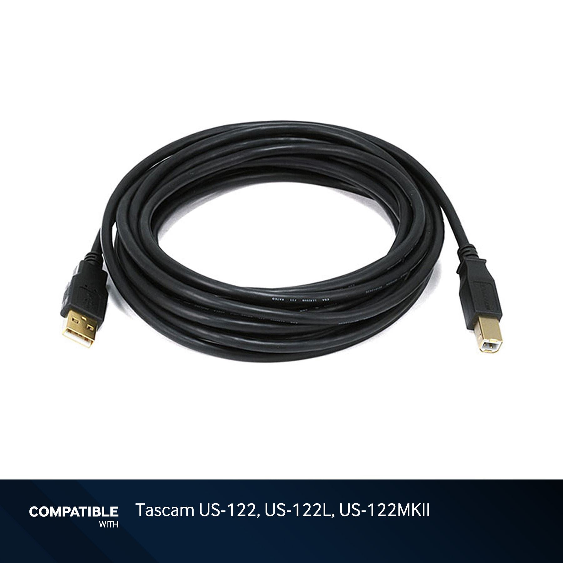 15-foot Black USB-A to USB-B 2.0 Gold Plated Cable for Tascam US-122,  US-122L, US-122MKII