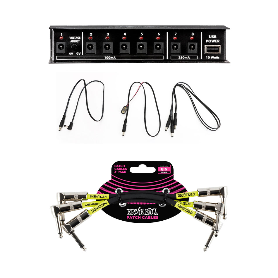 ART ISO-8U Pedalboard Power Supply Bundle with Ernie Ball 3-Pack of Patch Cables