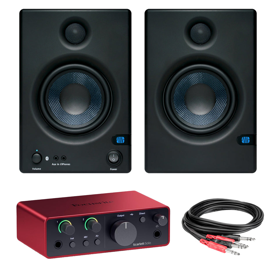 PreSonus E5 BT 5-inch Studio Monitors Bundle with Focusrite Scarlett Solo & TRS Cables