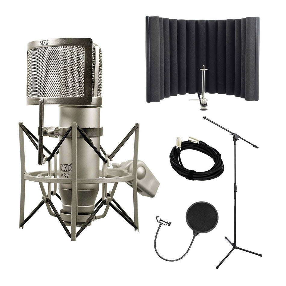 MXL V87 Studio Condenser Microphone Bundle with sE Electronics RF-X, Pop Filter, Stand, Cable