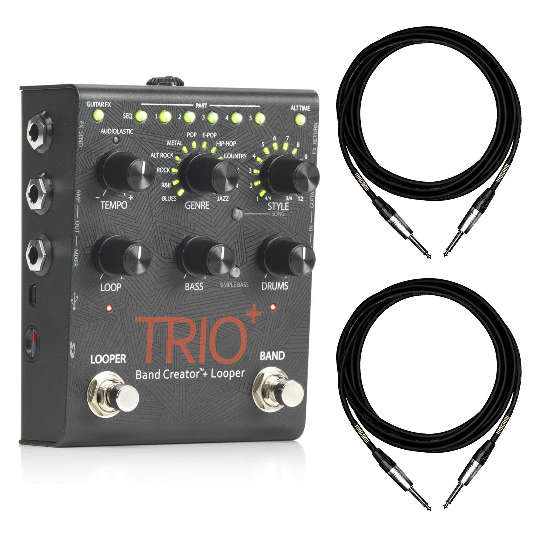 Digitech Trio+ Effect Pedal Bundle with 2 10-foot Mogami 1/4